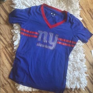 NFL Blue and Red NY Giants V-Neck Bling Tee Shirt sz S